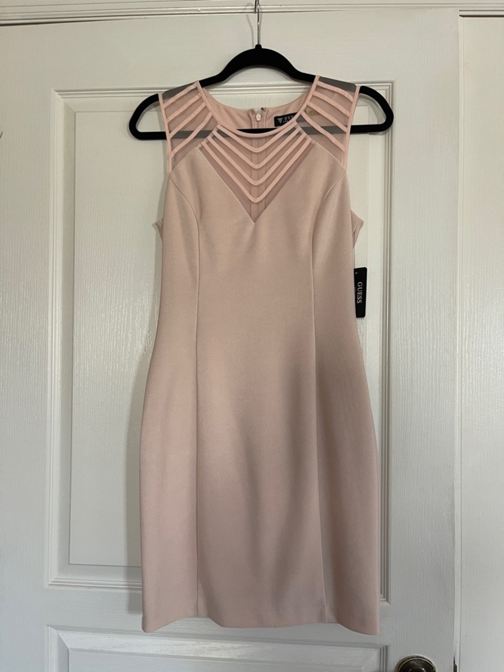 NWT GUESS Blush Pink Sleeveless Midi Dress with Geometric Mesh Yoke